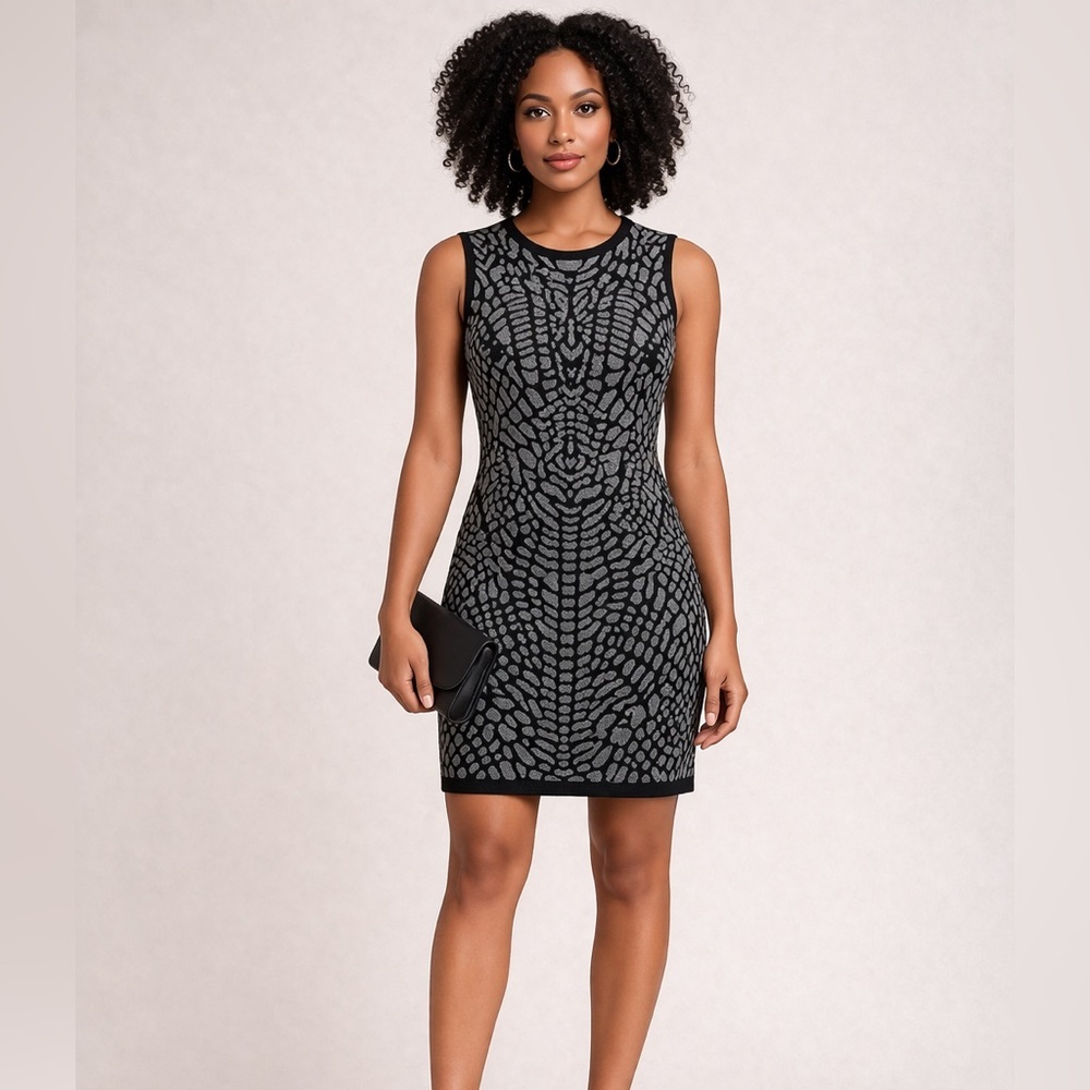 CARMEN Marc Valvo Valentine Black & Gray Knit Dress with Cap sleeves Size Small - Picture 1 of 11